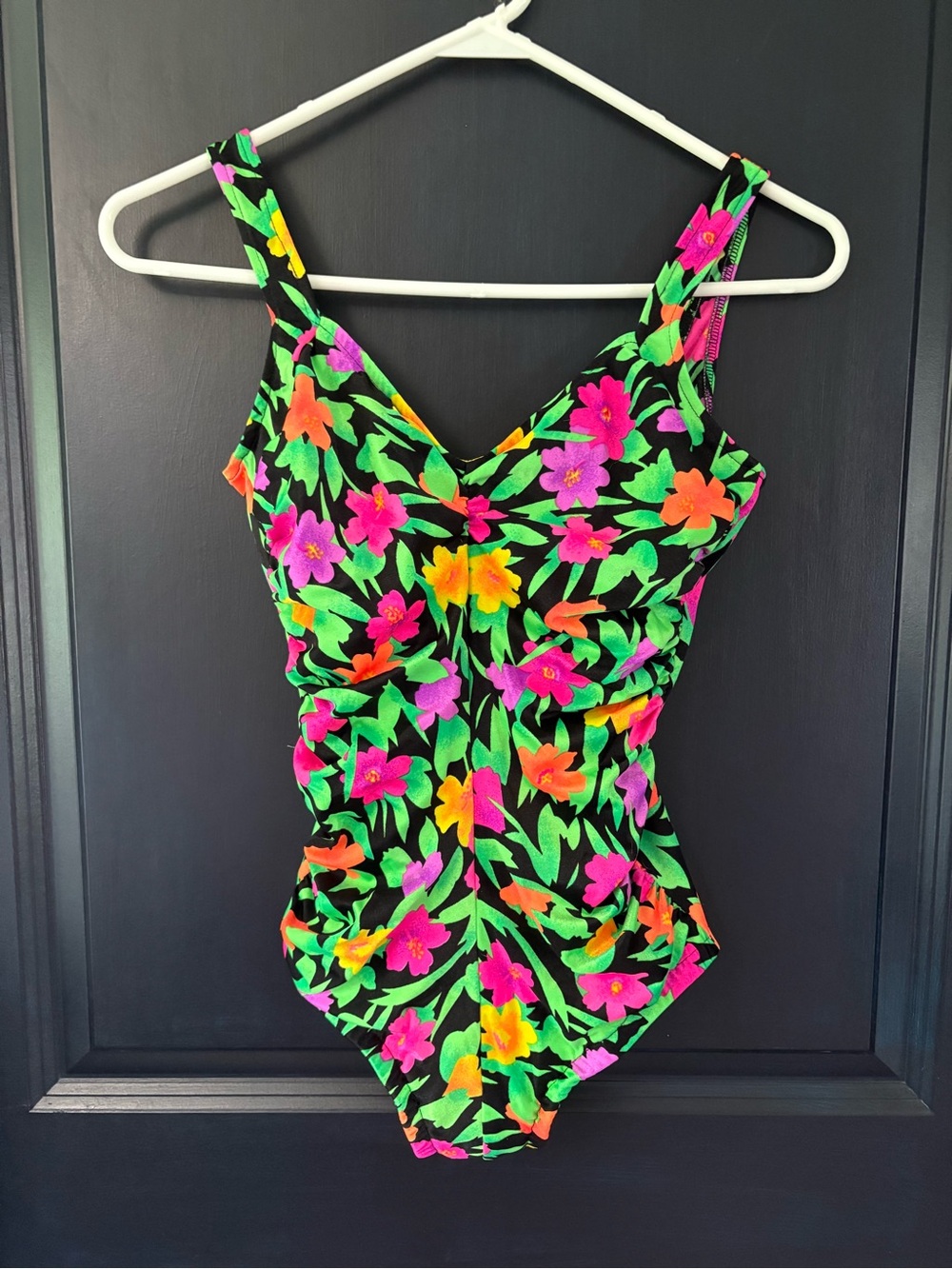 Vintage Gabar Floral One Piece Swimsuit Size 12 Neon Tropical Ruched USA Retro
